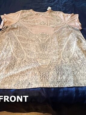 TEE, PRINTED FRONT, BLUSH PINK, SIZE 4X, SHAPED FIT, SHORT SLEEVES WITH CUFFS,